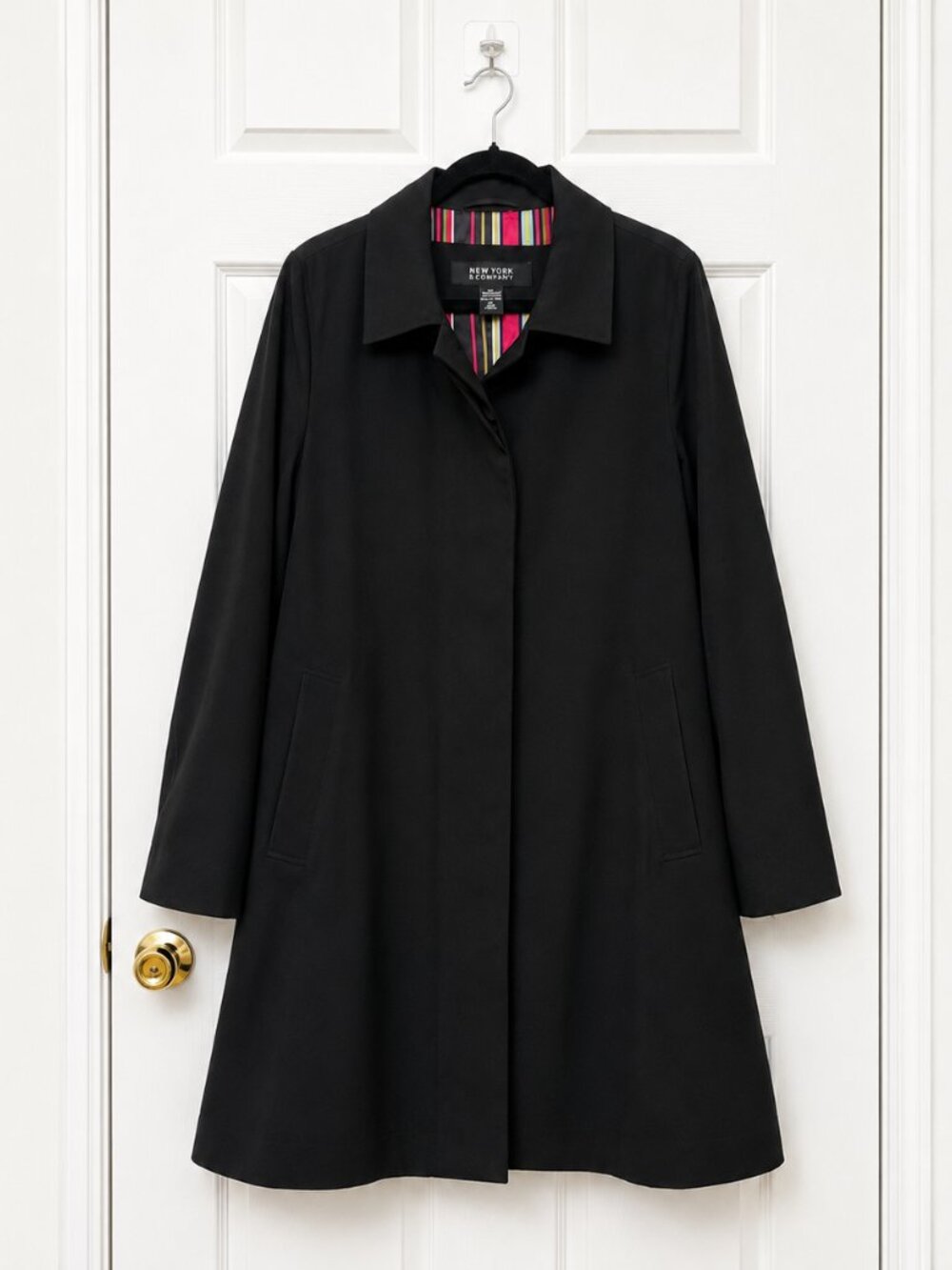 New York & Company Long Black Coat Women's M Striped Lining